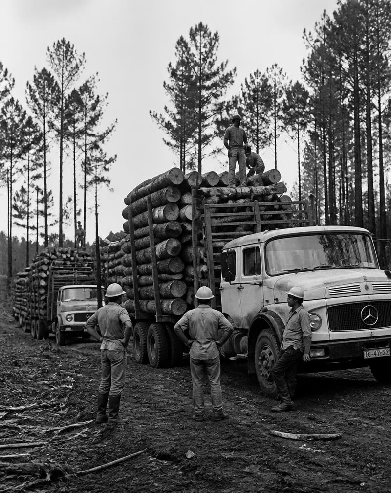 Trabalhadores florestais carregando toras de pinus em Lages